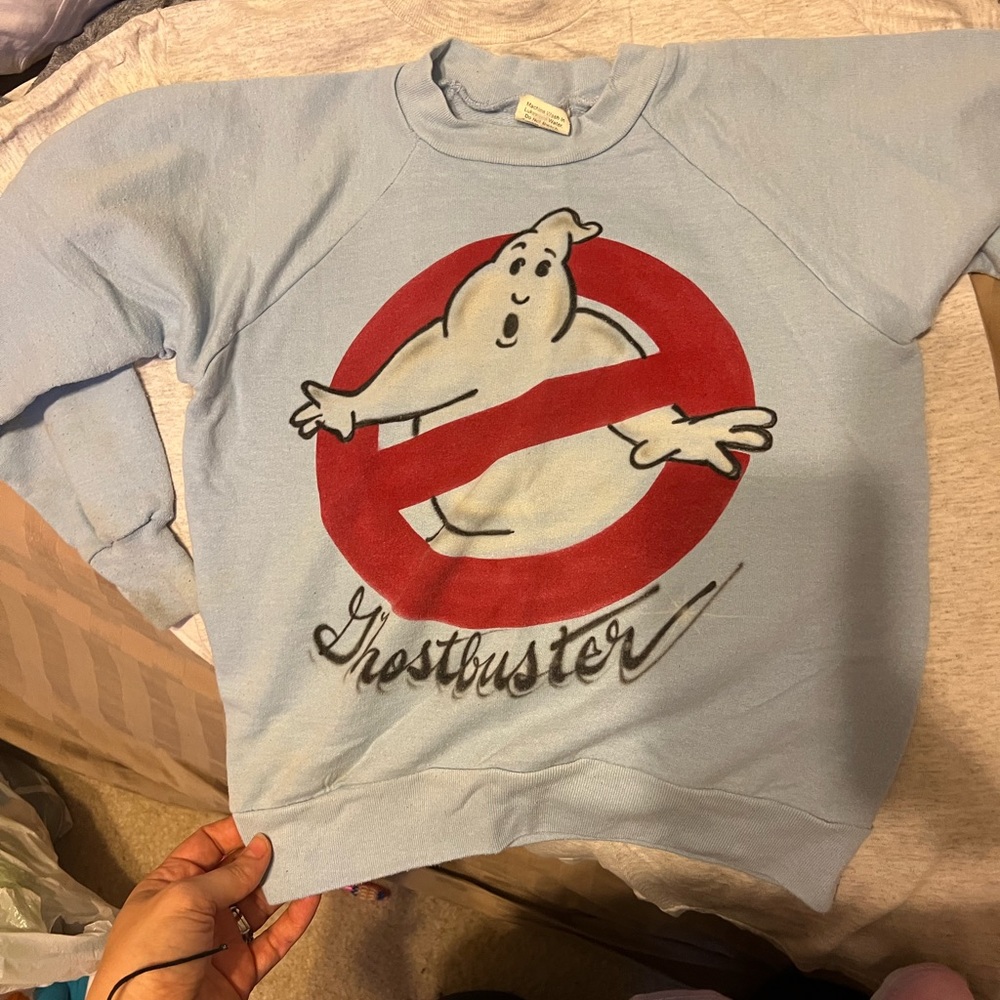 Vintage 1980s Kids size 10-12 Ghostbuster Airbrushed Baby Blue sweatshirt